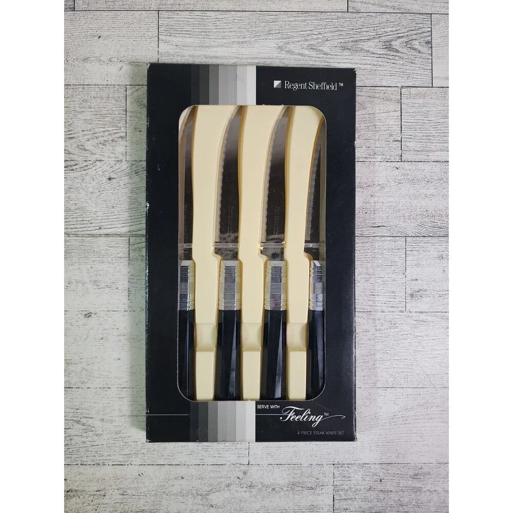 NEW 1987 Regent Sheffield Feeling Ebony 4 Piece Steak Knife Set Vintage